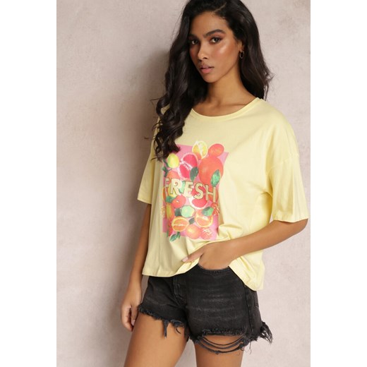 Żółty Bawełniany T-shirt z Nadrukiem w Cytrusy Atherise Renee XL promocja Renee odzież