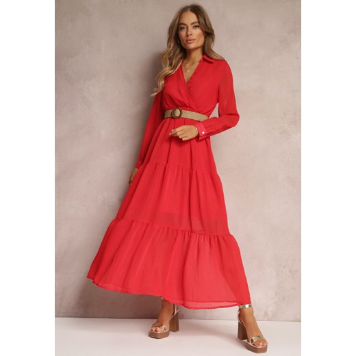 Czerwona Sukienka z Kopertowym Dekoltem i Plecionym Paskiem Velo ze sklepu Renee odzież w kategorii Sukienki - zdjęcie 157091239