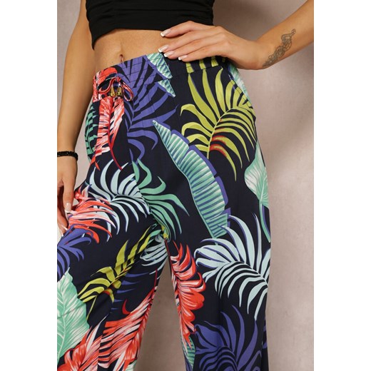 Granatowe Spodnie z Szerokimi Nogawkami i Nadrukiem w Kolorowe Liście Acanthe Renee ONE SIZE okazyjna cena Renee odzież