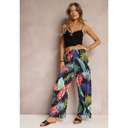 Granatowe Spodnie z Szerokimi Nogawkami i Nadrukiem w Kolorowe Liście Acanthe ze sklepu Renee odzież w kategorii Spodnie damskie - zdjęcie 157091369