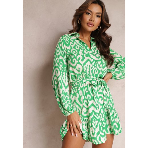Zielona Koszulowa Sukienka z Falbanką na Dole i Wiązanym Paskiem Ametisa ze sklepu Renee odzież w kategorii Sukienki - zdjęcie 157091905
