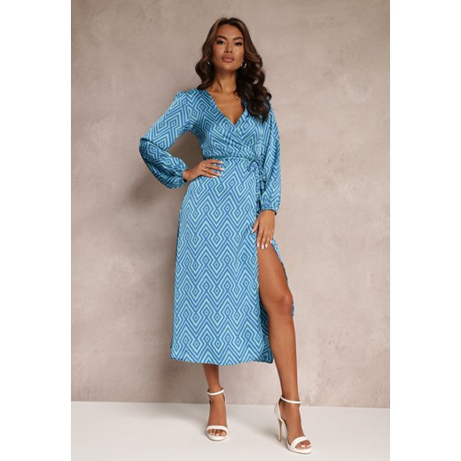 Niebieska Satynowa Sukienka Kopertowa w Geometryczny Wzór Hurush ze sklepu Renee odzież w kategorii Sukienki - zdjęcie 157091915