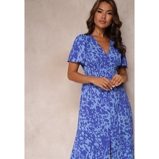 Niebieska Taliowana Sukienka Midi z Krótkim Rękawem i Gumkami w Talii Zerala Renee M okazja Renee odzież