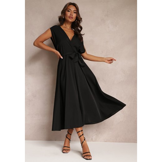 Czarna Rozkloszowana Sukienka Maxi z Kopertowym Dekoltem i Wiązanym Paskiem Hallona ze sklepu Renee odzież w kategorii Sukienki - zdjęcie 157092155