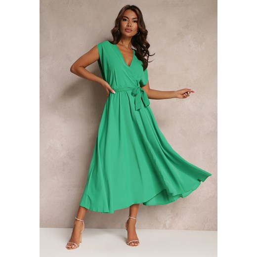 Zielona Rozkloszowana Sukienka Maxi z Kopertowym Dekoltem i Wiązanym Paskiem Hallona ze sklepu Renee odzież w kategorii Sukienki - zdjęcie 157092165