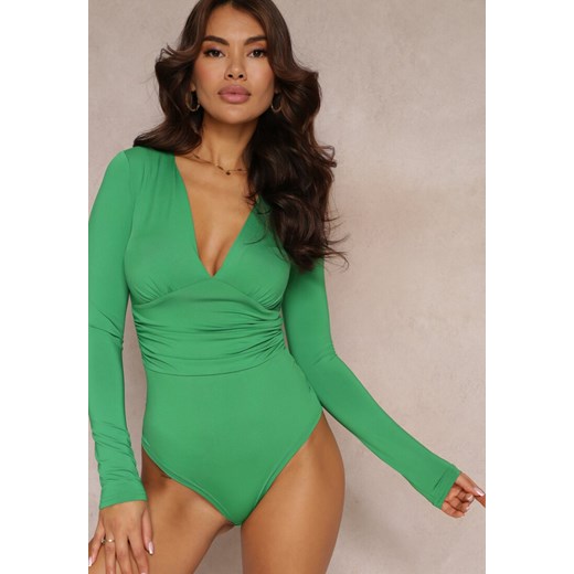 Zielone Dopasowane Body z Długim Rękawem i Głębokim Dekoltem Cotine ze sklepu Renee odzież w kategorii Bluzki damskie - zdjęcie 157092776