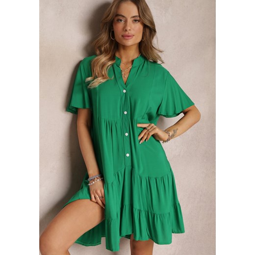Zielona Koszulowa Sukienka z Wiskozy i Falbanką Alyresa ze sklepu Renee odzież w kategorii Sukienki - zdjęcie 157094639