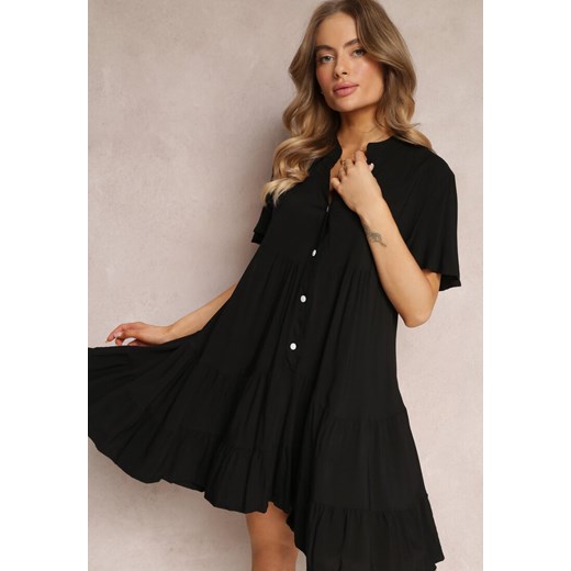 Czarna Koszulowa Sukienka z Wiskozy i Falbanką Alyresa ze sklepu Renee odzież w kategorii Sukienki - zdjęcie 157094659