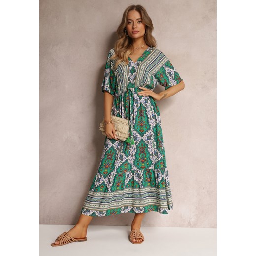 Zielona Wiskozowa Sukienka Maxi z Gumką w Pasie i Falbanką Cophine ze sklepu Renee odzież w kategorii Sukienki - zdjęcie 157094955