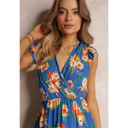 Niebieska Wiskozowa Sukienka Maxi z Gumką w Talii i Kopertowym Dekoltem Tresima Renee S Renee odzież okazyjna cena