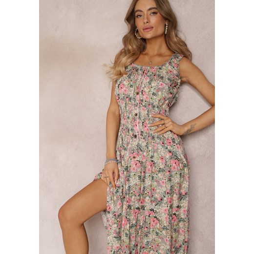 Zielona Sukienka Maxi w Kwiaty z Gumką w Talii Vivienis Renee S okazyjna cena Renee odzież