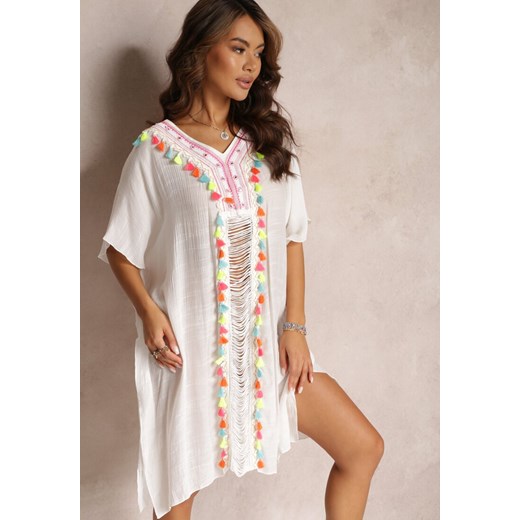 Biała Oversizowa Sukienka Narzutka Boho z Kolorowymi Frędzlami Collalo ze sklepu Renee odzież w kategorii Odzież plażowa - zdjęcie 157095717