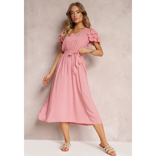 Różowa Wiskozowa Sukienka Midi z Gumką w Talii i Falbankami Nenora Renee S okazja Renee odzież