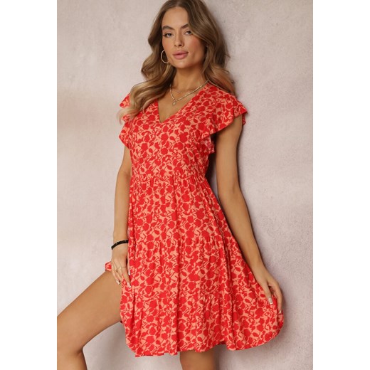 Czerwona Rozkloszowana Sukienka z Wiskozy z Falbankami Tuls ze sklepu Renee odzież w kategorii Sukienki - zdjęcie 157095975