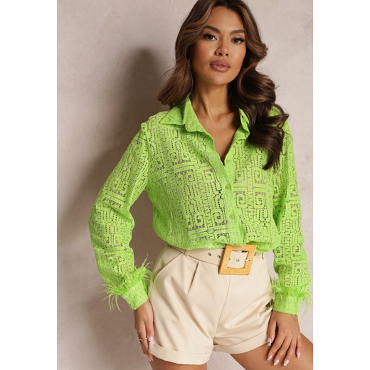 Zielona Koszula z Koronkowej Tkaniny Ozdobiona Piórkami Przy Rękawach Puregold ze sklepu Renee odzież w kategorii Koszule damskie - zdjęcie 157096645