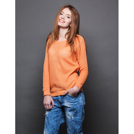 Ażurowy sweter dekolt w szpic na... factoryprice-pl pomaranczowy akryl