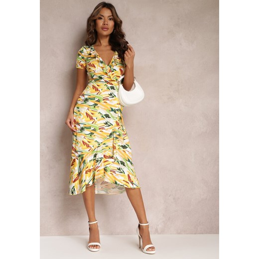 Żółta Kopertowa Sukienka z Falbanką i Fantazyjnym Wzorem Underhill ze sklepu Renee odzież w kategorii Sukienki - zdjęcie 157098877