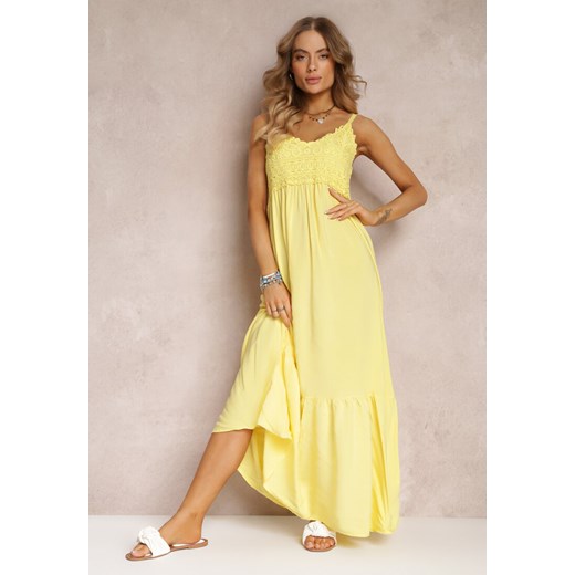 Żółta Rozkloszowana Sukienka Maxi na Cienkich Ramiączkach z Ażurową Górą Batri ze sklepu Renee odzież w kategorii Sukienki - zdjęcie 157099776