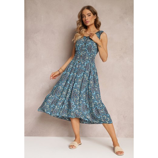 Niebieska Kwiecista Sukienka Midi z Cienkimi Gumkami w Talii i Falbankami Jallia ze sklepu Renee odzież w kategorii Sukienki - zdjęcie 157100026