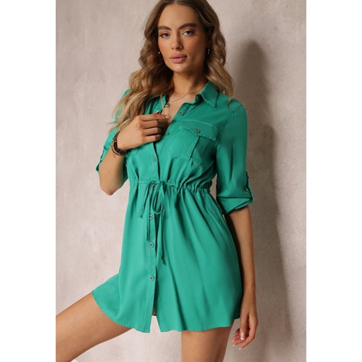 Zielona Dłuższa Koszula Ściągana w Pasie z Wiskozy i Kieszeniami Genessa ze sklepu Renee odzież w kategorii Koszule damskie - zdjęcie 157100296