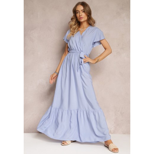 Niebieska Rozkloszowana Sukienka Maxi z Gumką w Talii i Falbankami Tracia Renee M okazja Renee odzież