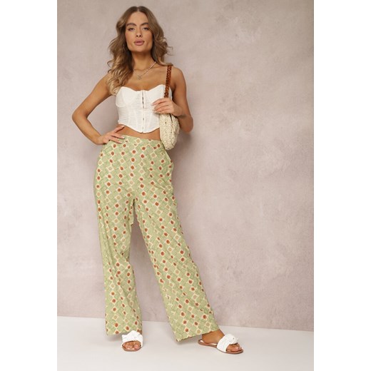 Jasnozielone Szerokie Spodnie w Fantazyjny Print Bawełniane Rosabella ze sklepu Renee odzież w kategorii Spodnie damskie - zdjęcie 157100878