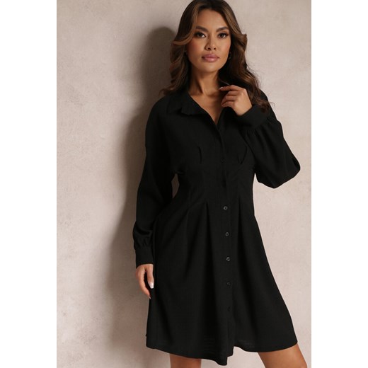 Czarna Koszulowa Sukienka Mini z Taliowanymi Zakładkami Vilette ze sklepu Renee odzież w kategorii Sukienki - zdjęcie 157101725