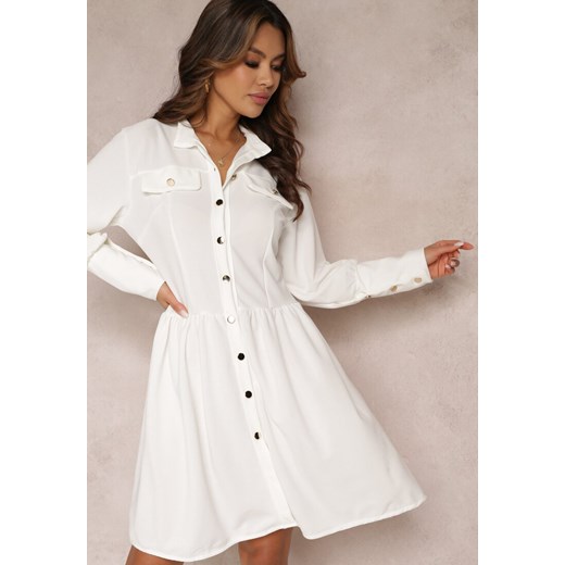 Biała Sukienka Mini z Kołnierzem i Ozdobnymi Klapami Zylana ze sklepu Renee odzież w kategorii Sukienki - zdjęcie 157101787