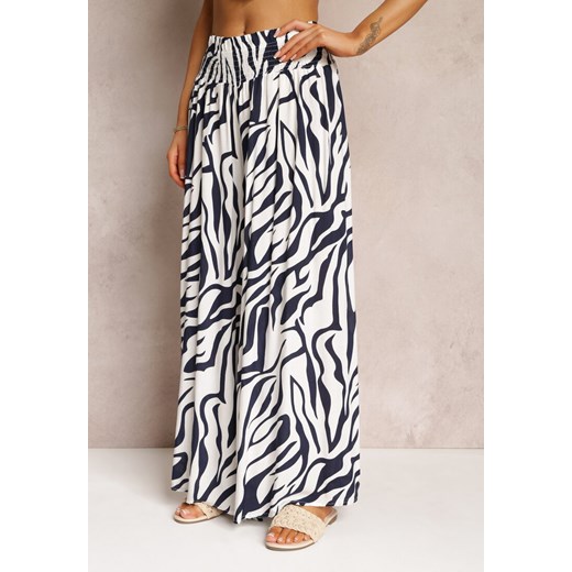 Granatowe Spodnie w Zwierzęce Pasy z Szerokimi Nogawkami i Gumką w Pasie Renecey Renee M Renee odzież okazyjna cena