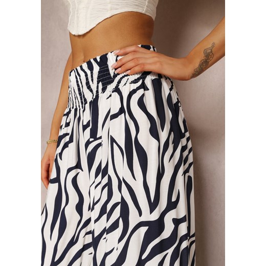 Granatowe Spodnie w Zwierzęce Pasy z Szerokimi Nogawkami i Gumką w Pasie Renecey Renee L Renee odzież okazja