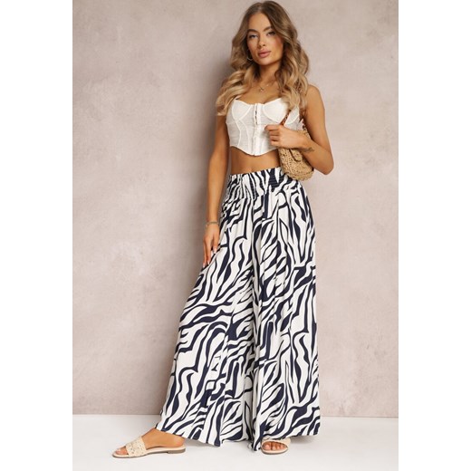 Granatowe Spodnie w Zwierzęce Pasy z Szerokimi Nogawkami i Gumką w Pasie Renecey Renee M okazyjna cena Renee odzież