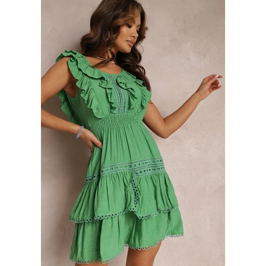 Zielona Sukienka z Gumkami w Talii  i Falbanami Yanel ze sklepu Renee odzież w kategorii Sukienki - zdjęcie 157102215