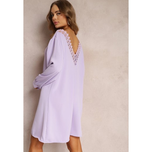 Fioletowa Sukienka Mini z Koronkową Wstawką i Długimi Rękawami Jood ze sklepu Renee odzież w kategorii Sukienki - zdjęcie 157102859