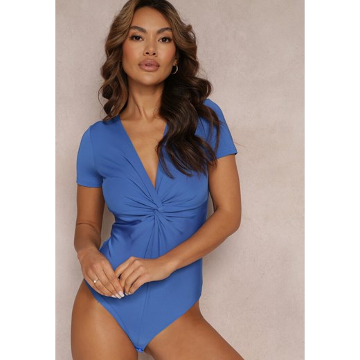 Niebieskie Body z Krótkim Rękawem i Marszczeniem w Talii Celesse ze sklepu Renee odzież w kategorii Bluzki damskie - zdjęcie 157103508