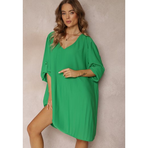 Zielona Plisowana Sukienka Mini z Długimi Rękawami Oversize Ticini ze sklepu Renee odzież w kategorii Sukienki - zdjęcie 157104019