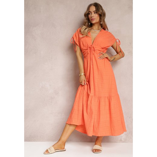 Pomarańczowa Sukienka Rozkloszowana z Trójkątnym Dekoltem Thamefa ze sklepu Renee odzież w kategorii Sukienki - zdjęcie 157104189
