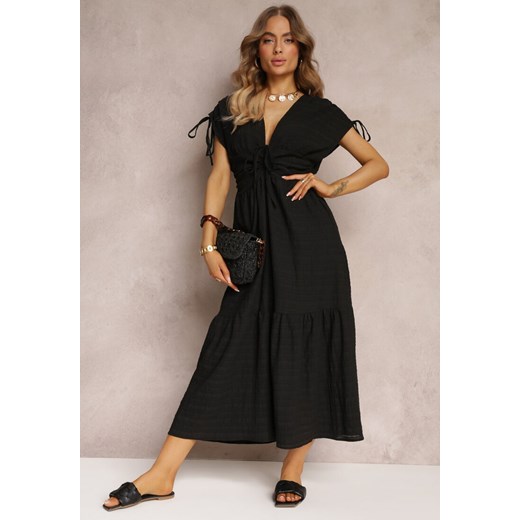 Czarna Sukienka Rozkloszowana z Trójkątnym Dekoltem Thamefa ze sklepu Renee odzież w kategorii Sukienki - zdjęcie 157104199