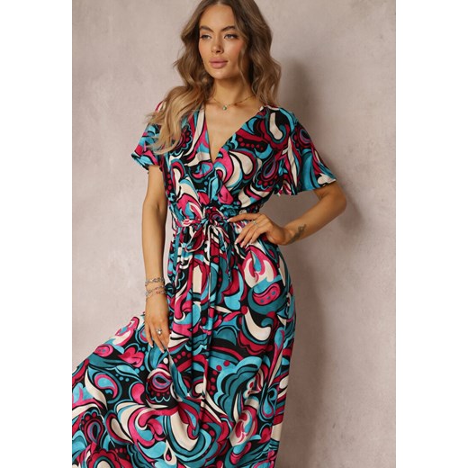 Fuksjowo-Niebieska Wiskozowa Sukienka Maxi z Gumką w Talii i Materiałowym Renee M Renee odzież promocja