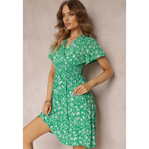 Zielona Wiskozowa Sukienka Mini w Kwiaty z Gumką w Talii i Kopertową Górą Joslena ze sklepu Renee odzież w kategorii Sukienki - zdjęcie 157104839
