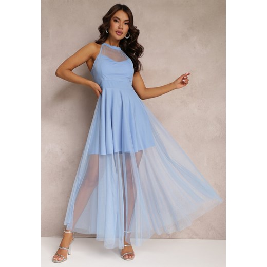 Niebieska Sukienka Maxi z Tiulowego Materiału z Rozkloszowanym Dołem i Usztywnionymi Miseczkami Jarissa ze sklepu Renee odzież w kategorii Sukienki - zdjęcie 157106278