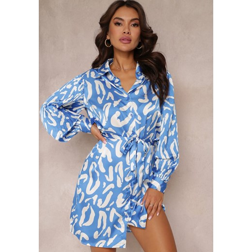 Niebieska Koszulowa Sukienka z Plisowanymi Wstawkami i Materiałowym Paskiem Lizza ze sklepu Renee odzież w kategorii Sukienki - zdjęcie 157106548