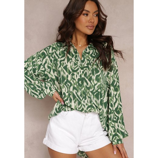 Zielona Koszula z Wzorzystego Materiału z Długimi Rękawami Cyllia ze sklepu Renee odzież w kategorii Koszule damskie - zdjęcie 157106579