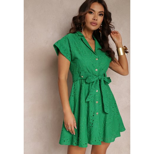 Zielona Haftowana Sukienka Koszulowa z Paskiem Phenanea ze sklepu Renee odzież w kategorii Sukienki - zdjęcie 157107436