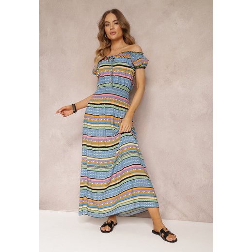 Jasnoniebieska Bawełniana Sukienka Maxi z Gumkami w Talii i Ozdobnym Wiązaniem przy Dekolcie Erinissa ze sklepu Renee odzież w kategorii Sukienki - zdjęcie 157107586