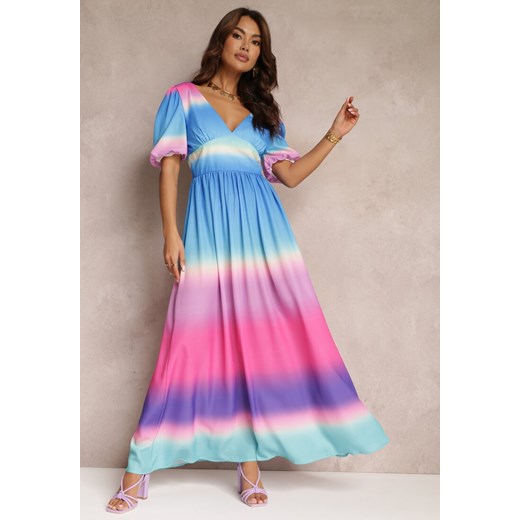 Niebieska Sukienka Maxi z Rozkloszowanym Dołem i Głębokim Dekoltem Dhani ze sklepu Renee odzież w kategorii Sukienki - zdjęcie 157107898