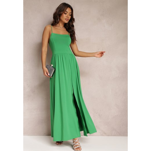 Zielona Rozkloszowana Sukienka Maxi na Cienkich Ramiączkach z Rozporkiem Weslyn ze sklepu Renee odzież w kategorii Sukienki - zdjęcie 157108217
