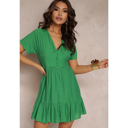 Zielona Taliowana Sukienka Szmizjerka Mini z Głębokim Dekoltem i Falbanką Nentri ze sklepu Renee odzież w kategorii Sukienki - zdjęcie 157108277