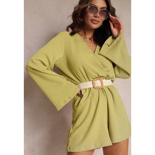 Zielony Kombinezon z Kopertowym Dekoltem i Gumką w Pasie Acalio ze sklepu Renee odzież w kategorii Kombinezony damskie - zdjęcie 157108317