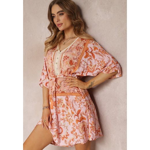 Pomarańczowo-Różowa Sukienka Mini z Wiskozy ze Sznurkiem w Pasie i Wiązaniem na Plecach Jadon ze sklepu Renee odzież w kategorii Sukienki - zdjęcie 157108447