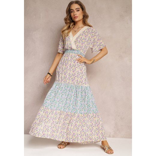 Fioletowo-Niebieska Kopertowa Sukienka Maxi z Marszczoną Gumką w Pasie i Koronkową Taśmą Marea ze sklepu Renee odzież w kategorii Sukienki - zdjęcie 157108467